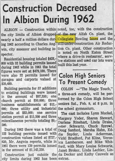 University Lanes (Collegiate Lanes) - Feb 1963 Article Mentioning Building Of Alley (newer photo)
